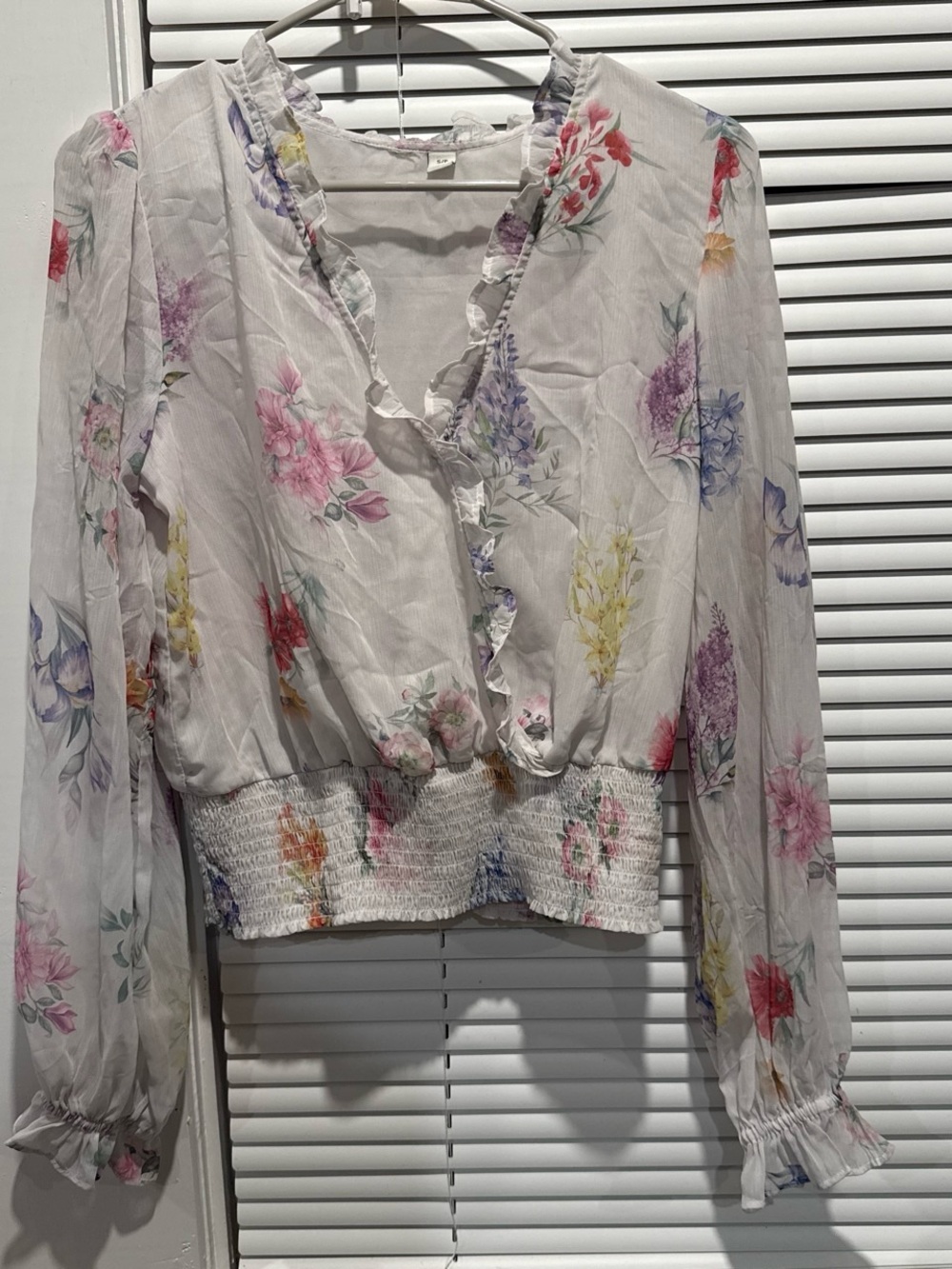 Semi-Sheer Floral Ruffle V-Neck Long Sleeve Top - White